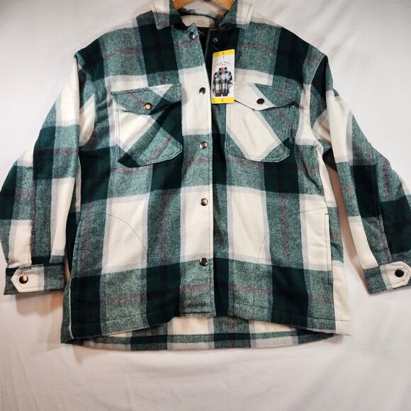 HFX Womens Flannel Shirt Jacket Size Small Green White Plaid Snap Up Pockets - Picture 4 of 16